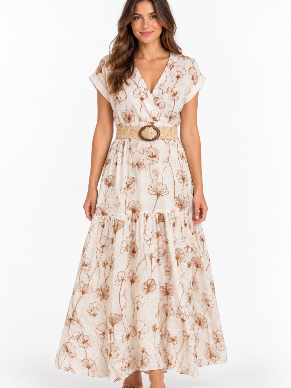 Kelly Grace Ivory Brown Embroidered Floral Belted Maxi Dress Size 8